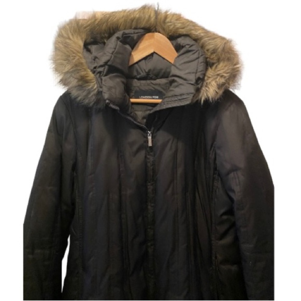 London Fog - Coat, Long Hooded Faux Fur Trim sz L